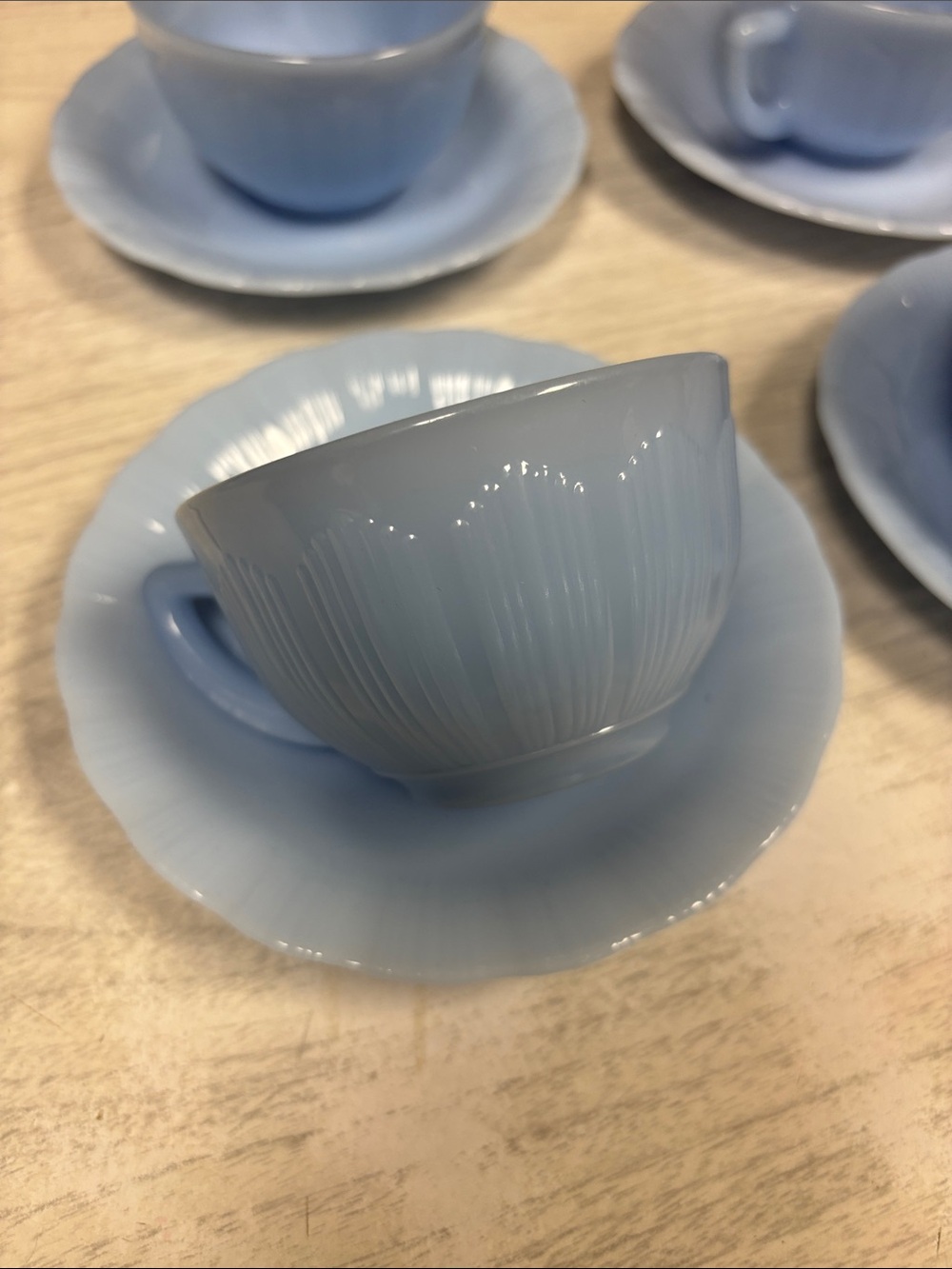 Delphite Blue Pyrex Teacups with Saucers - set of 4